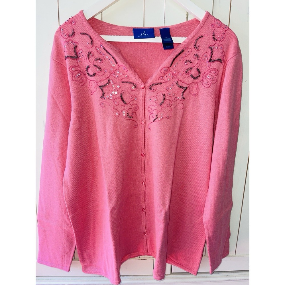J.H. COLLECTIBLES Coral Embroidered Sequins LS Cardigan Sweater V-Neck 2X